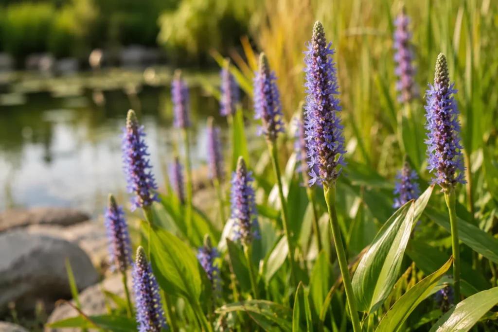 10 Water Flowers That Make Your Garden Look Magical 4 Purple pickerelweed flower spikes growing along a shallow pond edge