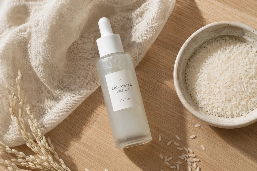 10 Essence Choices for Brighter Skin Fast 2 Minimalist bottle of rice water essence beside white rice.