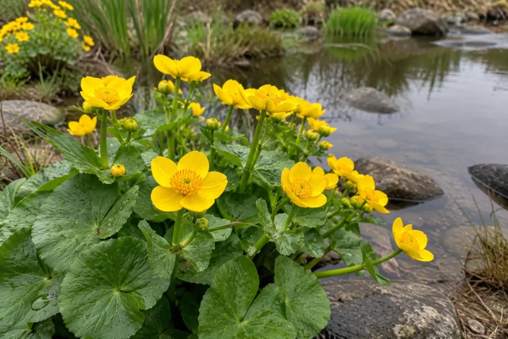 10 Water Flowers That Make Your Garden Look Magical 6 Yellow marsh marigold flowers blooming early spring beside a garden pond