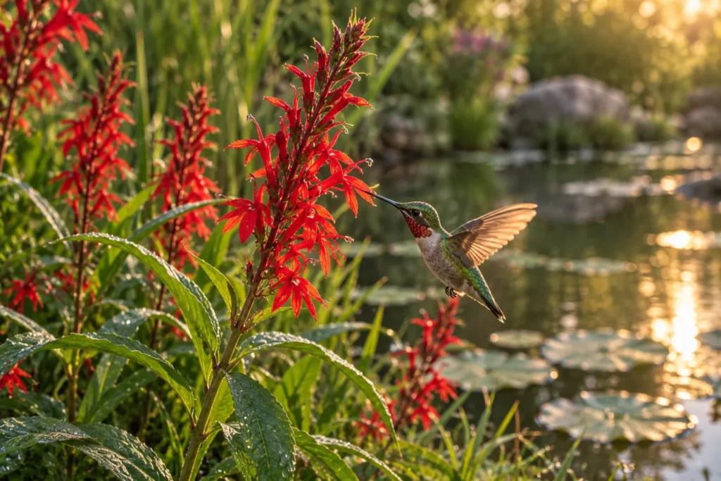 10 Water Flowers That Make Your Garden Look Magical 8 Red cardinal flower spikes at a pond's edge with a visiting hummingbird