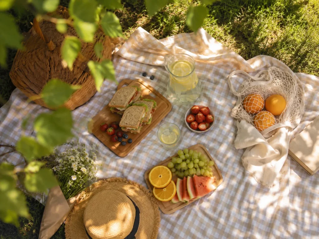 12 Sunny Days Activities Everyone Will Love 2 Backyard picnic blanket with sandwiches, fruit, and lemonade under a shady tree
