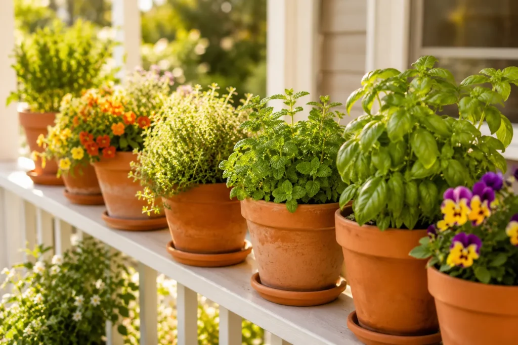 12 Sunny Days Activities Everyone Will Love 4 Terracotta pots with herbs and flowers on a sunny porch railing