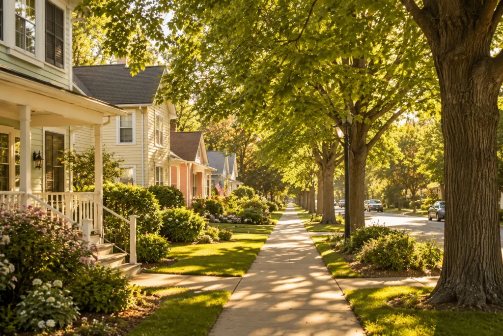12 Sunny Days Activities Everyone Will Love 6 Tree lined neighborhood sidewalk with dappled afternoon sunlight
