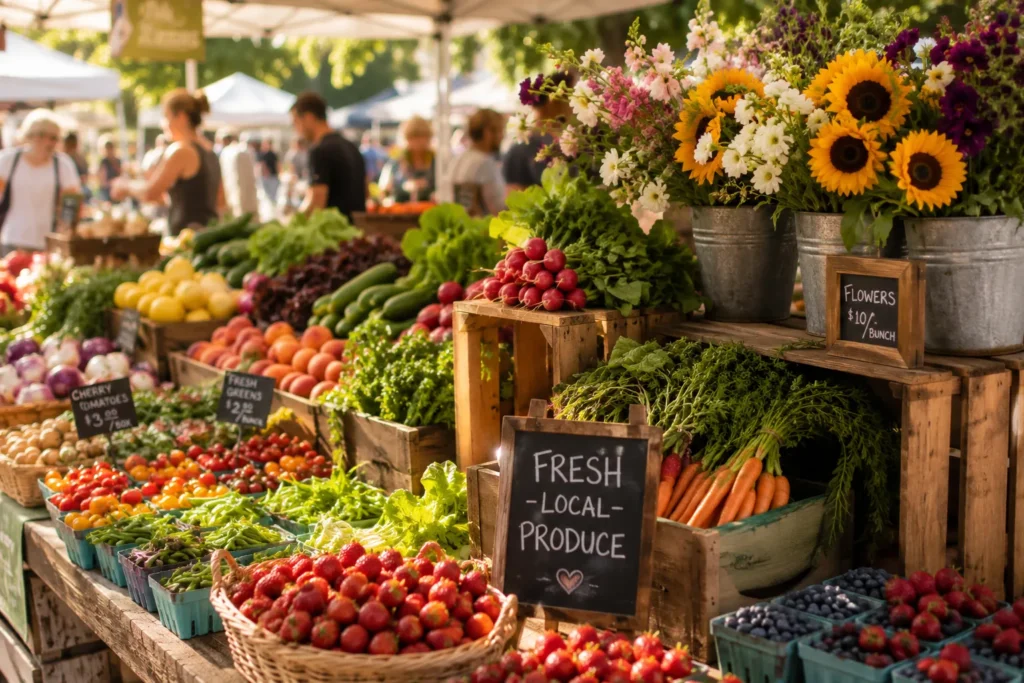 12 Sunny Days Activities Everyone Will Love 8 Farmers market stall with fresh fruit and flowers on a sunny day
