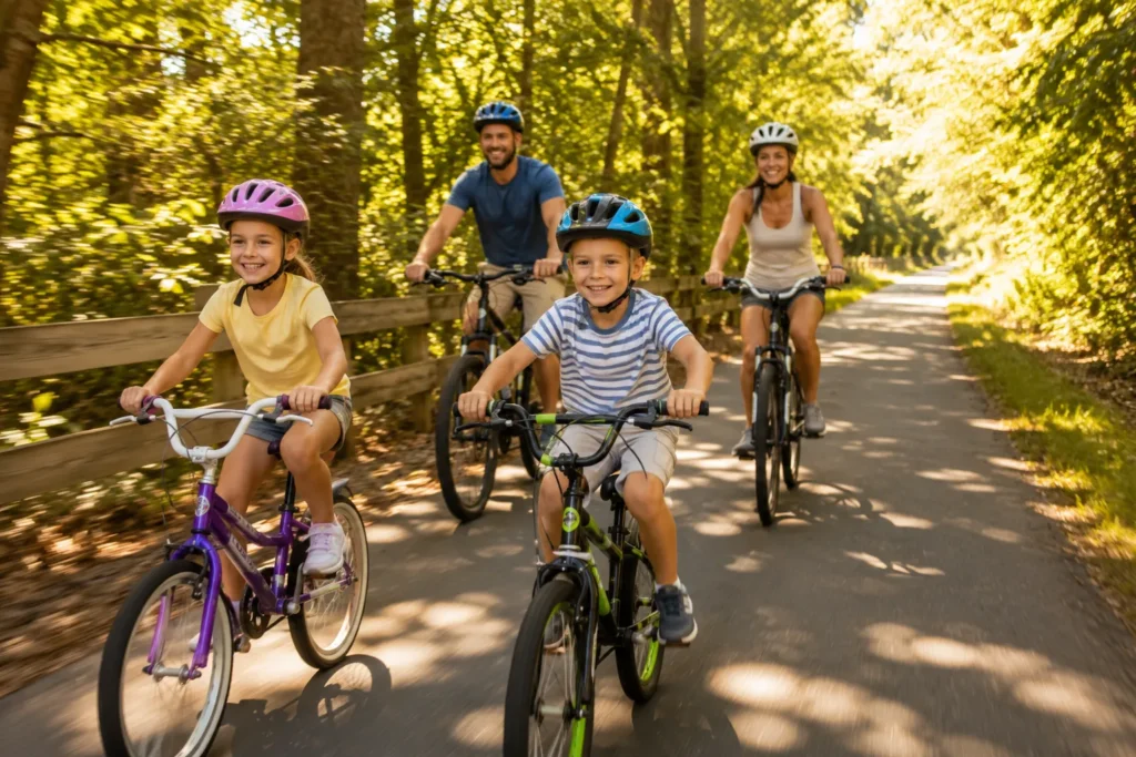 12 Sunny Days Activities Everyone Will Love 10 Family biking along a paved trail on a sunny afternoon