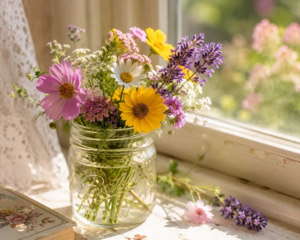 12 Sunny Days Activities Everyone Will Love 12 Mason jar of freshly cut garden flowers on a sunny windowsill