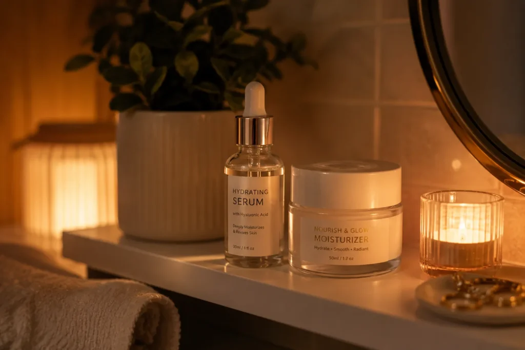 10 After Sun Mistakes That Can Harm Your Skin 6 Nighttime skincare routine with hydrating serum and moisturizer for after sun recovery
