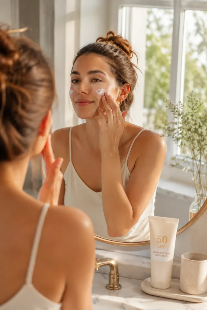 10 Easy Sun Protection Steps for Daily Skincare 2 Woman applying sunscreen to her face in front of a bathroom mirror in morning light