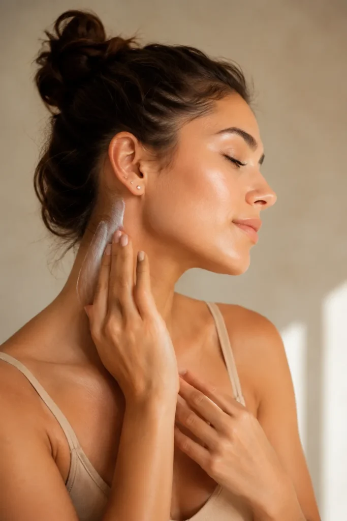 10 Easy Sun Protection Steps for Daily Skincare 4 Woman with hair tied up applying sunscreen to her neck and ear area