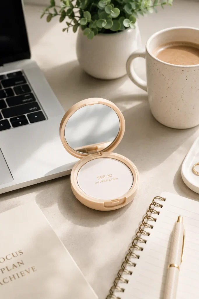 10 Easy Sun Protection Steps for Daily Skincare 6 SPF powder compact on a desk next to a laptop and coffee cup