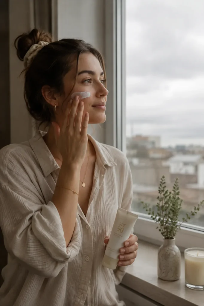 10 Easy Sun Protection Steps for Daily Skincare 8 Woman applying sunscreen near a window on a cloudy day