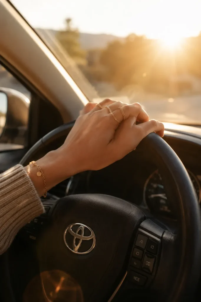 10 Easy Sun Protection Steps for Daily Skincare 10 Hands on a car steering wheel with sunlight coming through the windshield