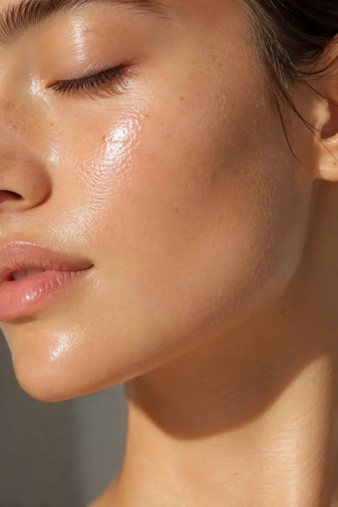 10 Sunscreen Ads Every Beauty Fan Will Love 2 Close up of dewy, glass skin glow after applying sunscreen in natural light