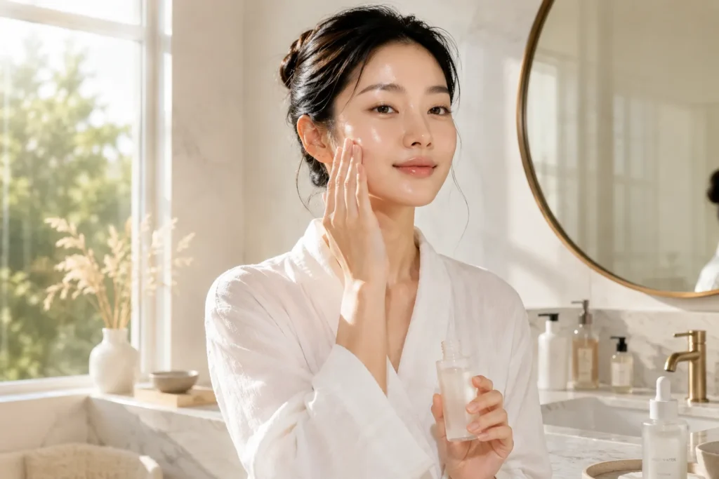10 Essence Choices for Brighter Skin Fast 6 Woman applying rice water essence after cleansing.