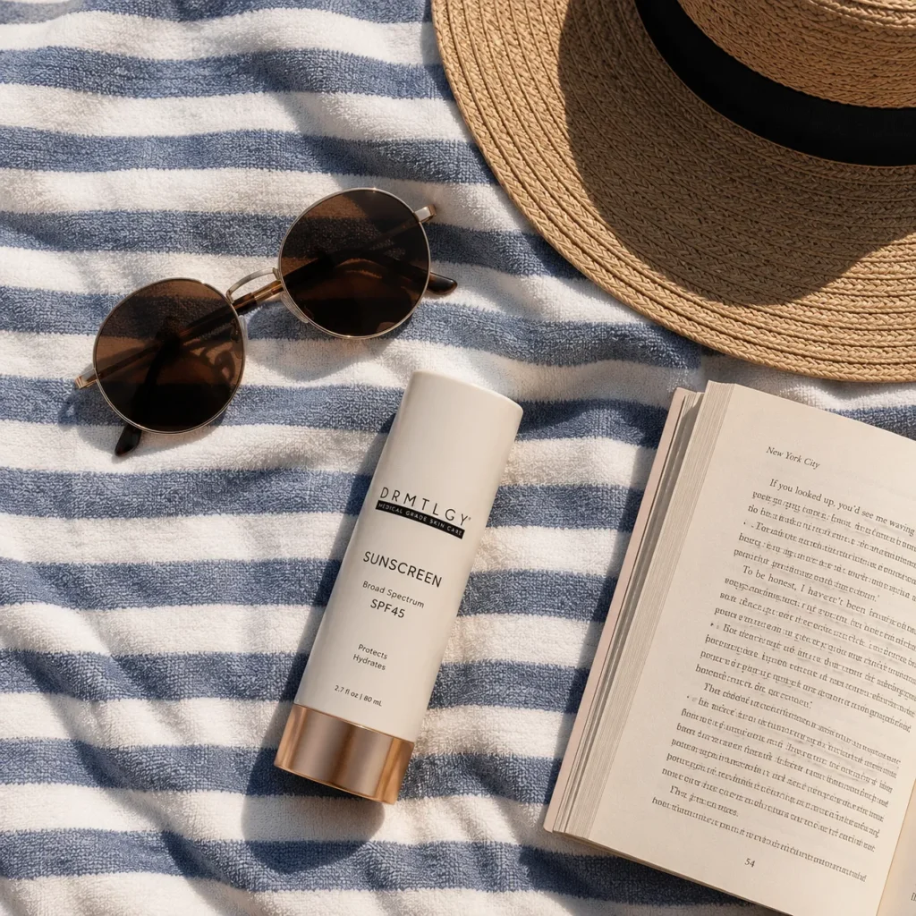 10 Sunscreen Ads Every Beauty Fan Will Love 4 Overhead beach flat lay with sunscreen bottle, sunglasses, straw hat, and striped towel