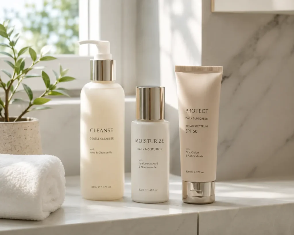 10 Sunscreen Ads Every Beauty Fan Will Love 6 Bathroom shelf skin care routine with cleanser, moisturizer, and sunscreen in order
