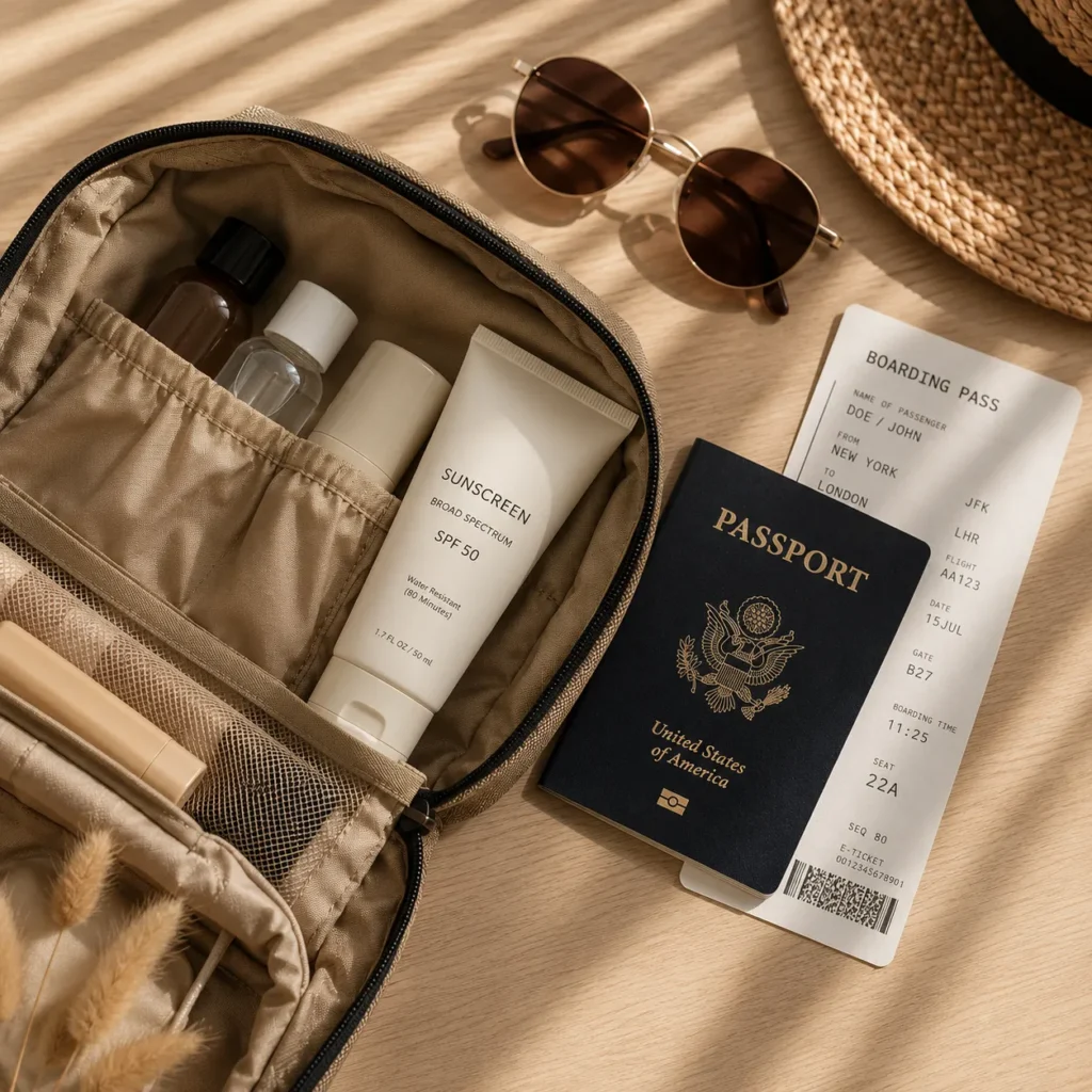 10 Sunscreen Ads Every Beauty Fan Will Love 8 Open toiletry bag with travel size sunscreen next to a passport and boarding pass