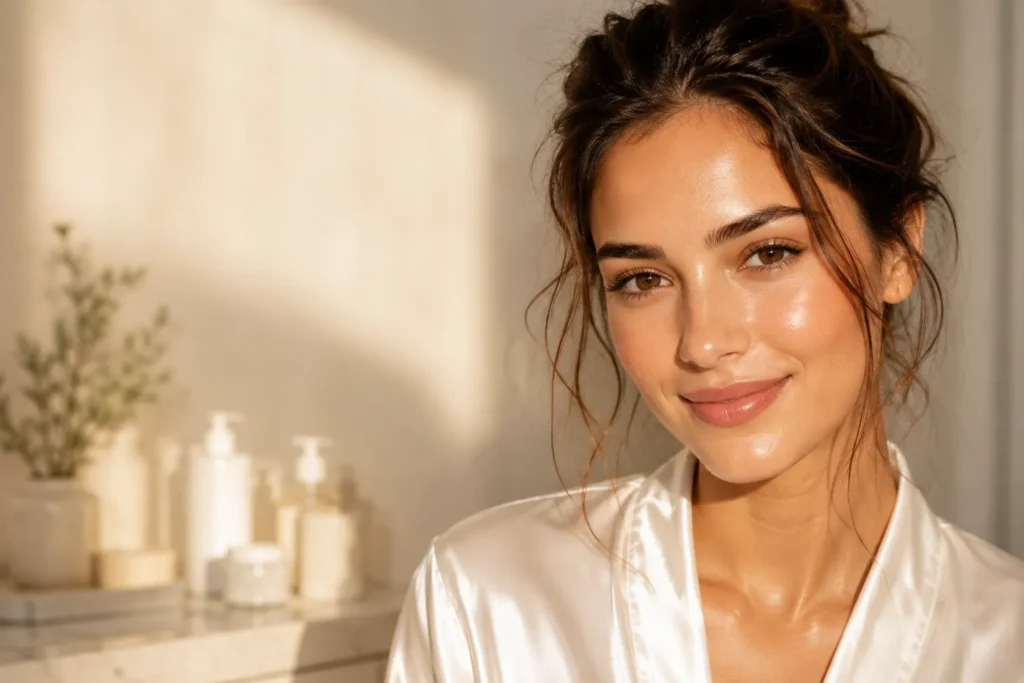 10 Healthy Skin Routines to Wake Up Glowing Daily 2 Glamorous woman with glowing healthy skin and radiant natural beauty in soft golden light