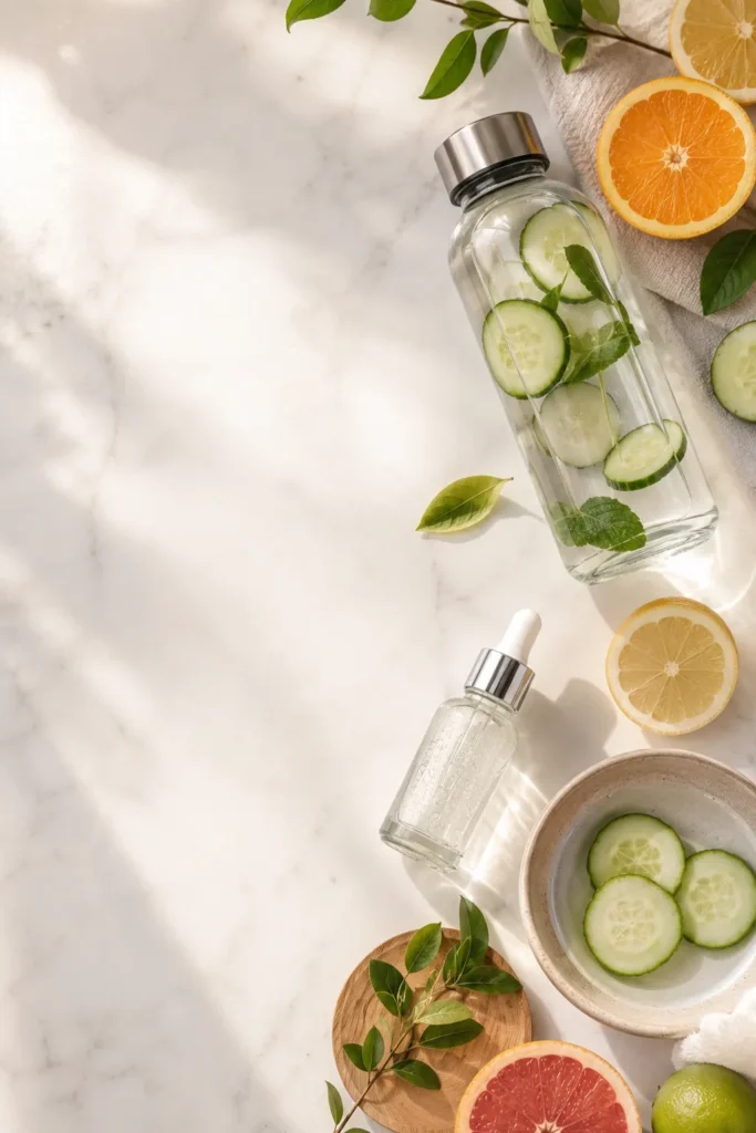 10 Healthy Skin Routines to Wake Up Glowing Daily 4 Hydration essentials and skincare products arranged for healthy glowing skin