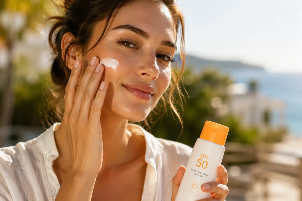 10 Healthy Skin Routines to Wake Up Glowing Daily 6 Woman applying sunscreen to protect her glowing healthy skin outdoors