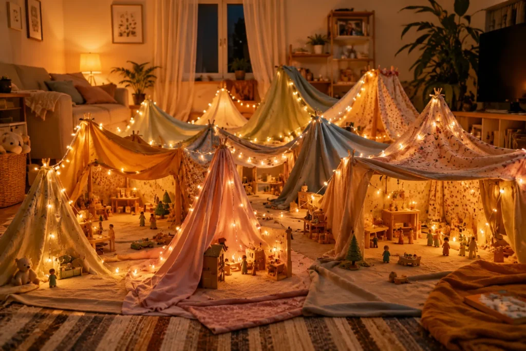12 Kids Activities That Spark Creativity at Home Today 5 : Living room filled with blanket forts connected by string lights