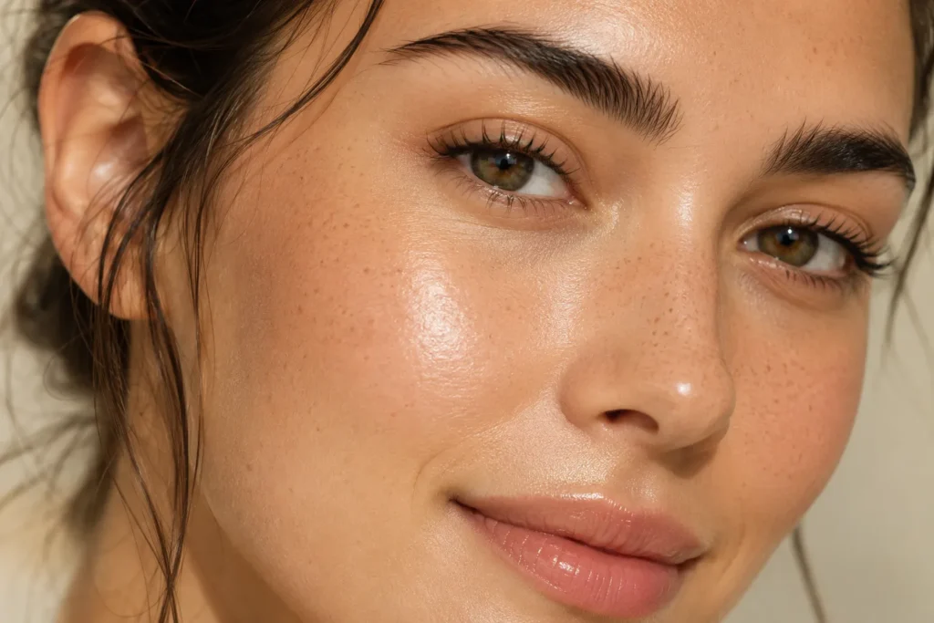 10 Healthy Skin Routines to Wake Up Glowing Daily 8 Close-up portrait showing naturally glowing healthy skin with a dewy complexion