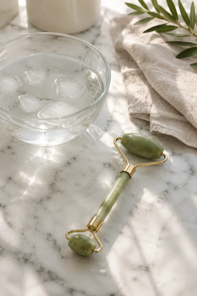 10 Beauty Face Secrets for Naturally Radiant Skin 4 Chilled jade roller on bathroom counter used to reduce facial puffiness