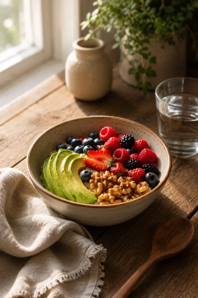 10 Beauty Face Secrets for Naturally Radiant Skin 8 Breakfast bowl with avocado and walnuts for skin healthy fats