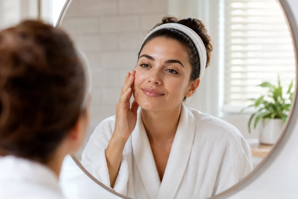 13 Skin Care Guide Tips Every Beauty Lover Needs Now 2 Woman checking her skin closely in a bathroom mirror under natural light