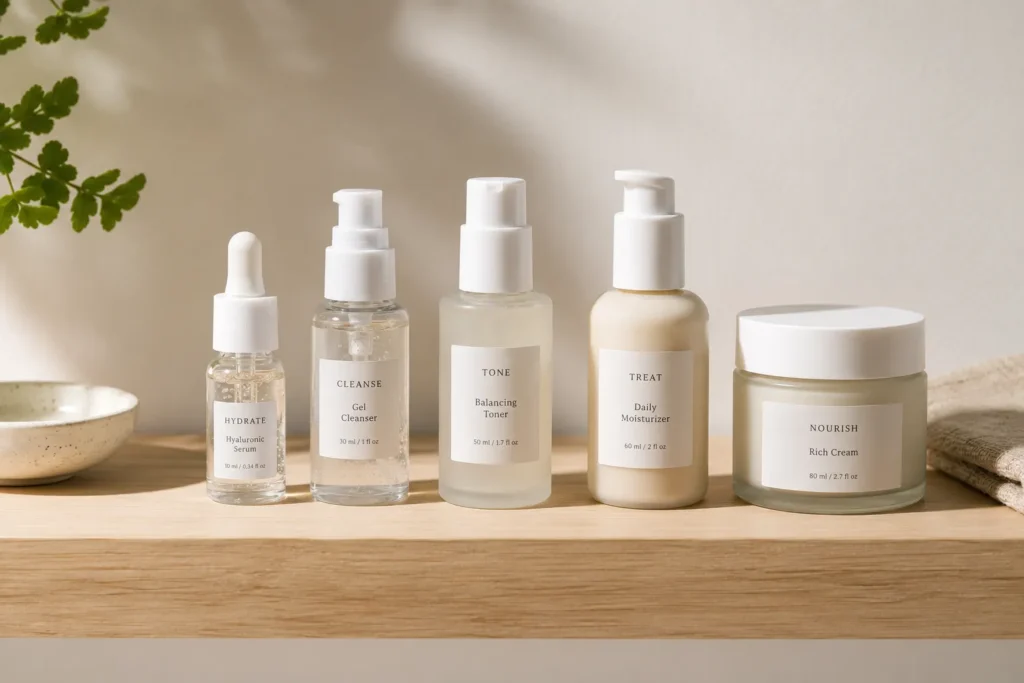 13 Skin Care Guide Tips Every Beauty Lover Needs Now 4 Skin care products arranged from lightest to heaviest for correct layering order