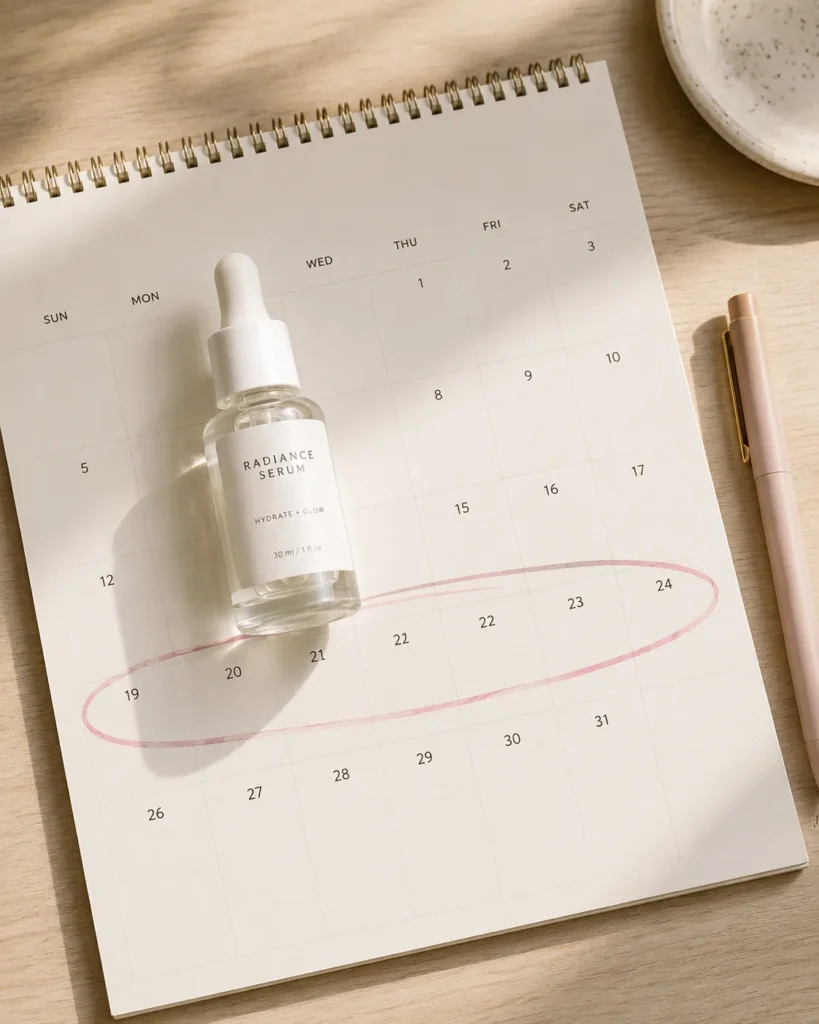 13 Skin Care Guide Tips Every Beauty Lover Needs Now 6 New skin care bottle placed on a calendar to track product introduction