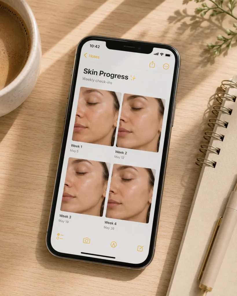 13 Skin Care Guide Tips Every Beauty Lover Needs Now 10 Phone showing weekly skin progress photos in a notes app