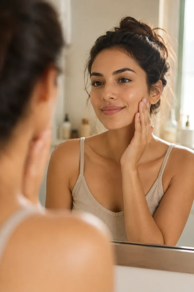 11 Skin Types Secrets for a Better Glow Today 2 Woman checking her skin in the mirror to identify her skin type