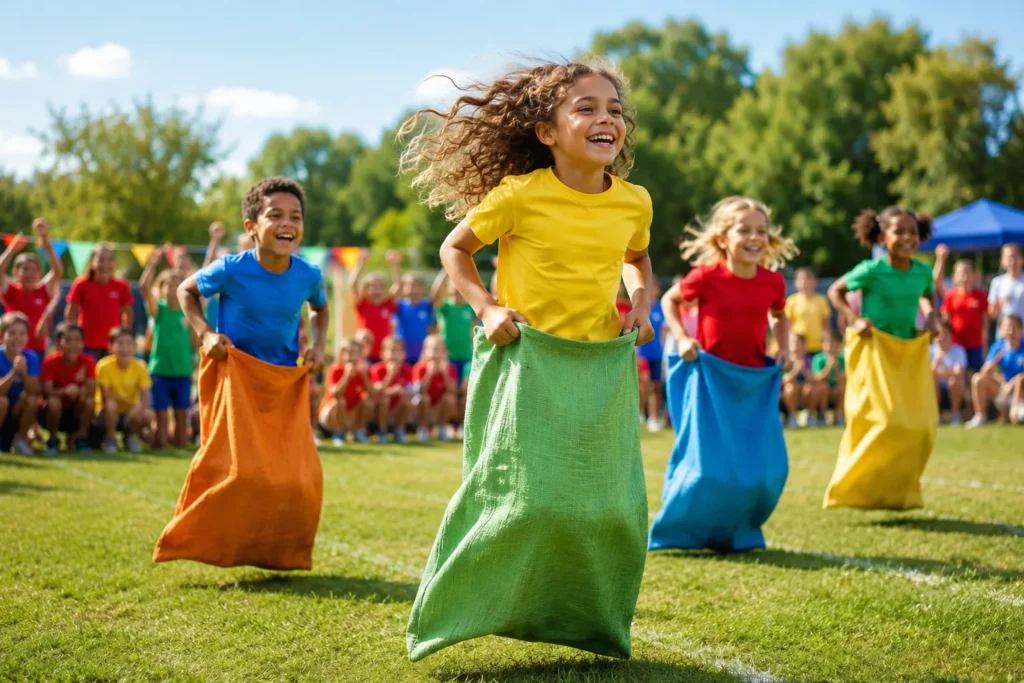 10 Sports Day Games Everyone Will Absolutely Love 2 Kids hopping in sack race on grass field during sports day