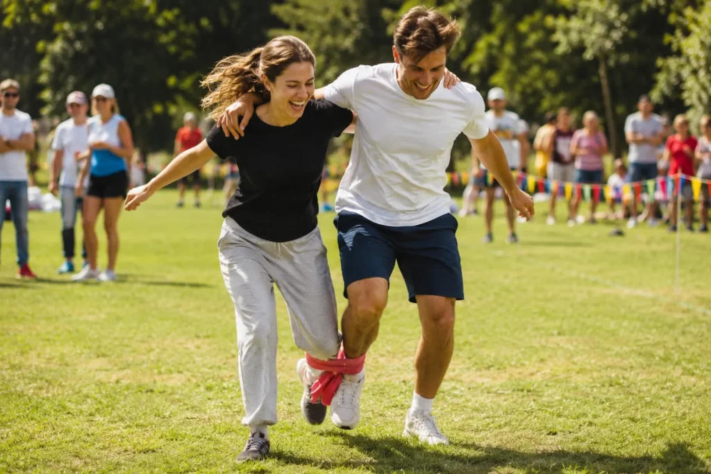 10 Sports Day Games Everyone Will Absolutely Love 4 Three legged race pair racing across a lawn together