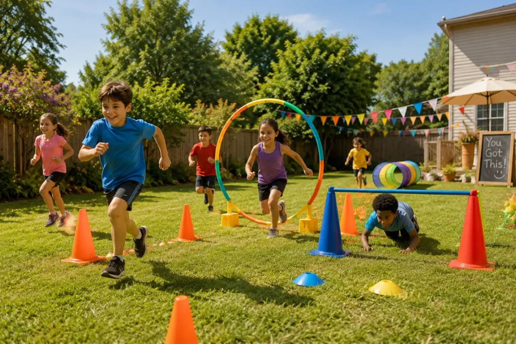 10 Sports Day Games Everyone Will Absolutely Love 6 Backyard obstacle course with cones and hula hoop for sports day