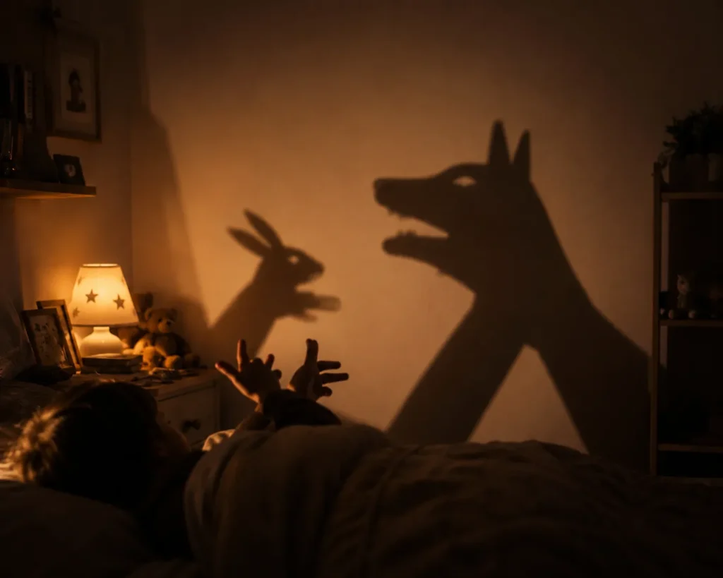 12 Kids Activities That Spark Creativity at Home Today 11 Hand shadow puppets projected on a bedroom wall at night
