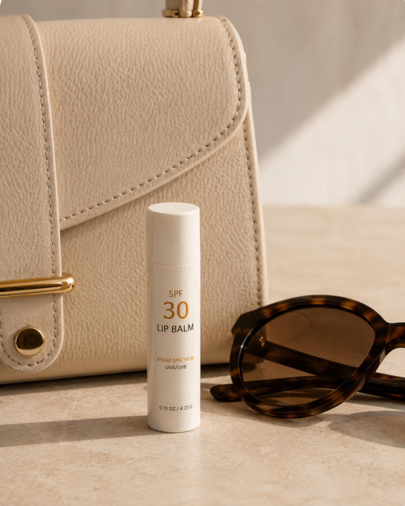 11 Sunscreen Ideas for Effortless Daily Sun Protection 12 SPF lip balm next to a handbag for daily lip protection