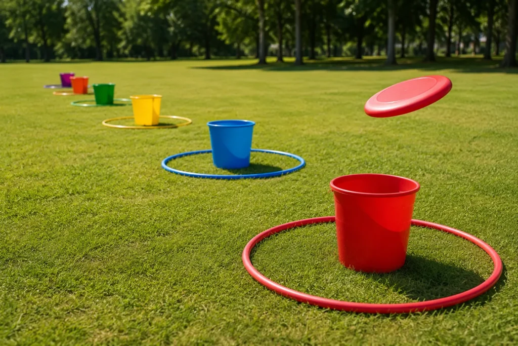 10 Sports Day Games Everyone Will Absolutely Love 10 Frisbee target toss game with hoops set up outdoors