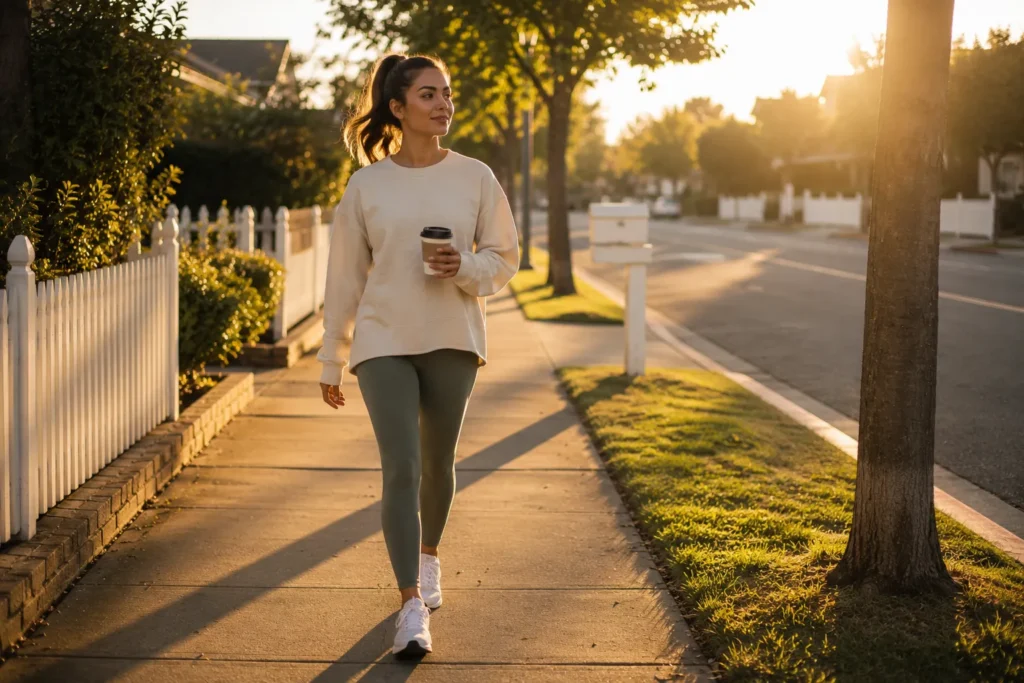 10 Outdoor Activities to Refresh Your Mind Daily 2 Woman walking down a quiet suburban sidewalk in early morning light holding a coffee cup