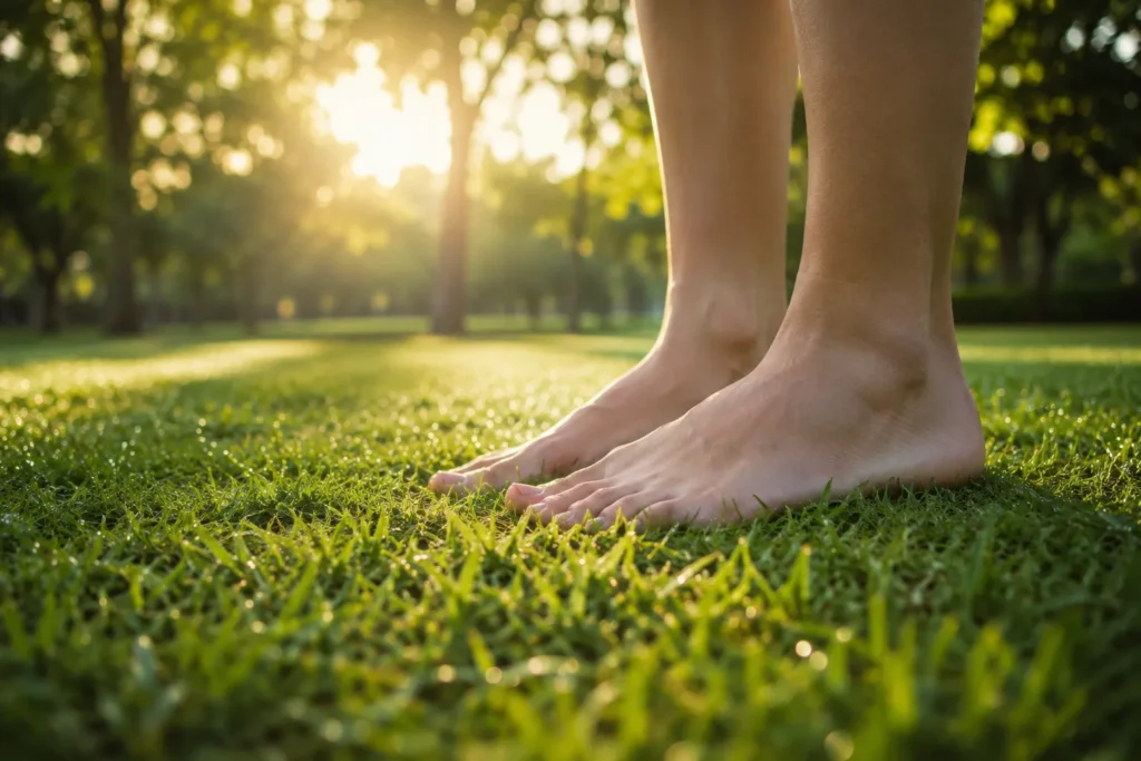 10 Outdoor Activities to Refresh Your Mind Daily 4 Bare feet standing on green grass in a park during soft morning light