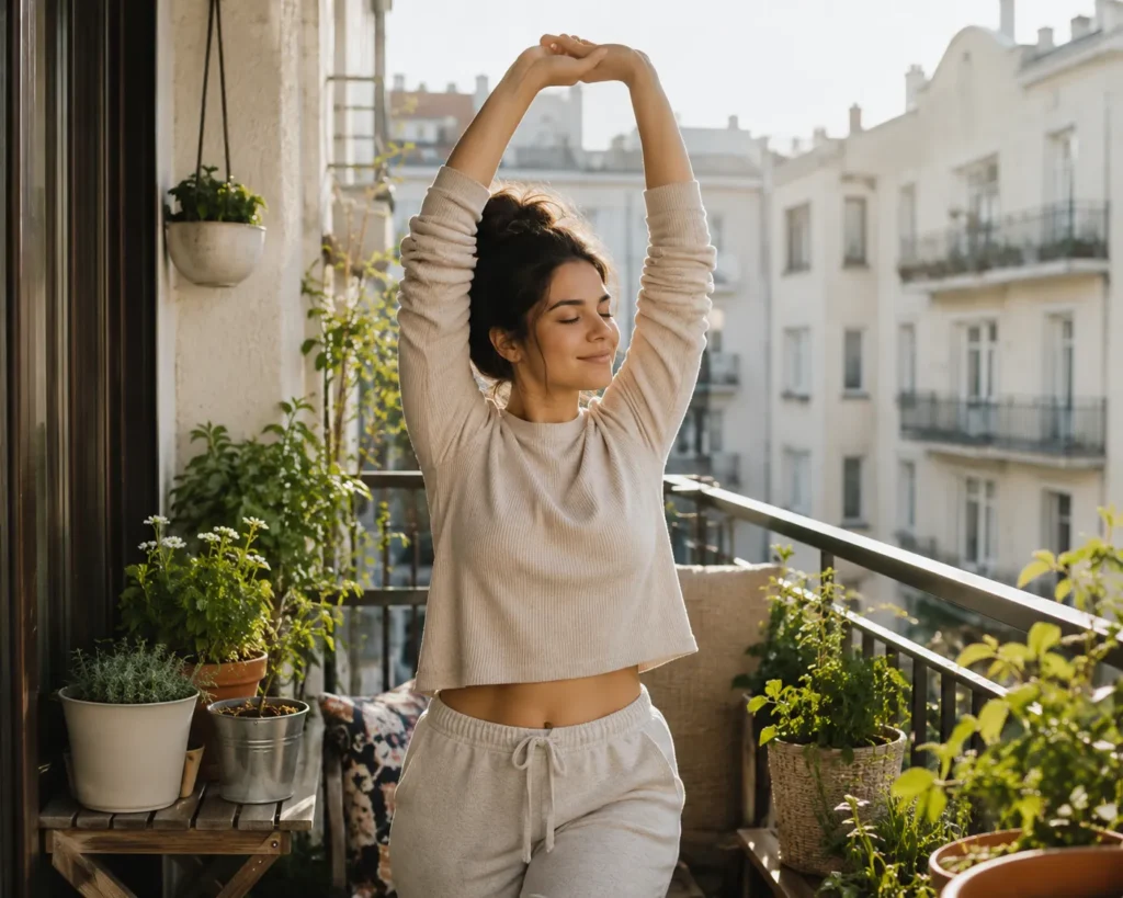 10 Outdoor Activities to Refresh Your Mind Daily 6 Woman stretching her arms overhead on a small apartment balcony surrounded by plants