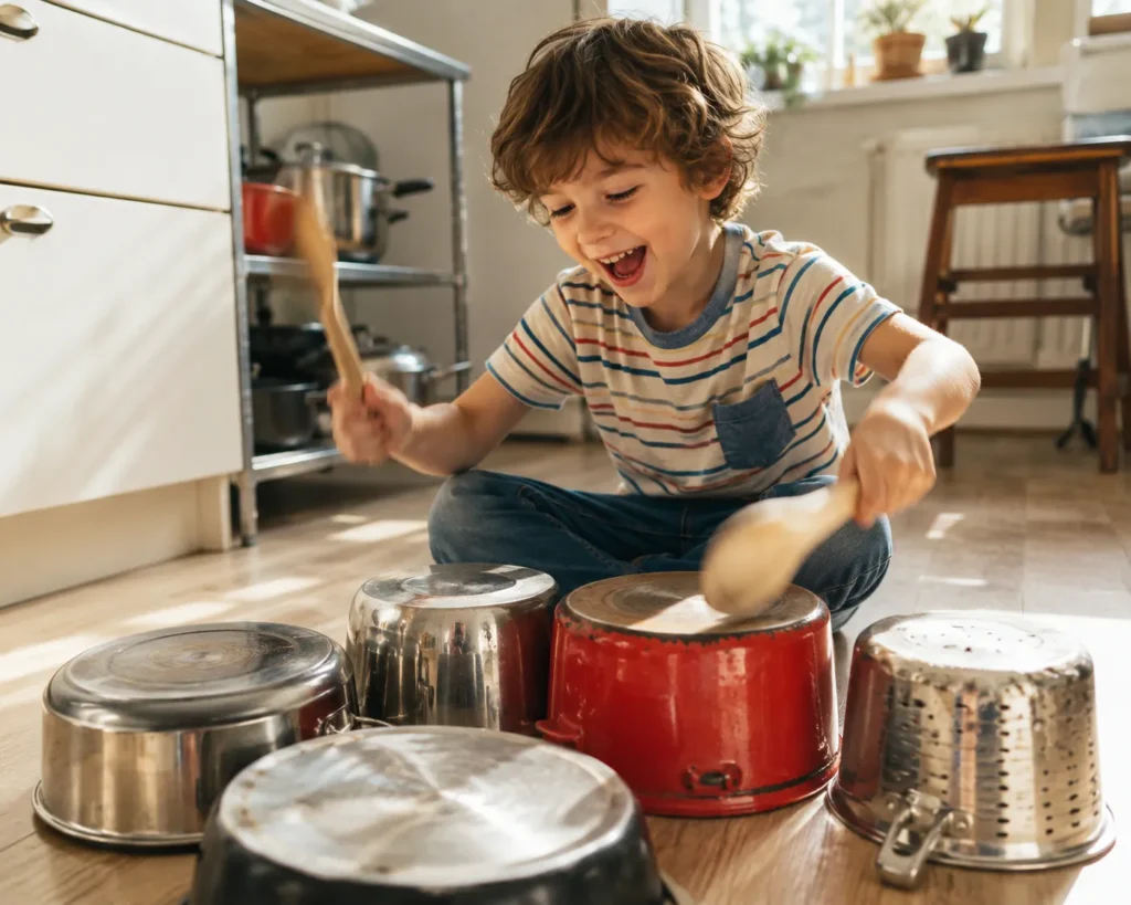 12 Kids Activities That Spark Creativity at Home Today 13 Child playing a homemade drum set made from pots and wooden spoons