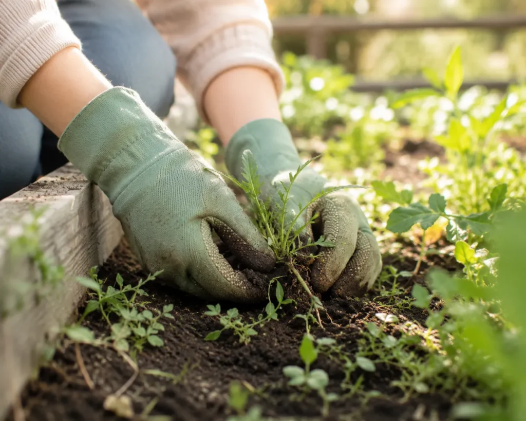 10 Outdoor Activities to Refresh Your Mind Daily 10 Gloved hands pulling weeds from a small garden bed in afternoon sunlight