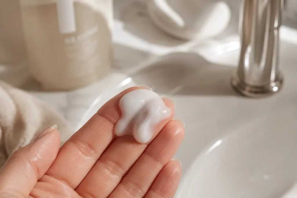 12 Sensitive Skin Care Steps for a Fresh Glow 4 Gentle fragrance free cream cleanser being applied with fingertips"