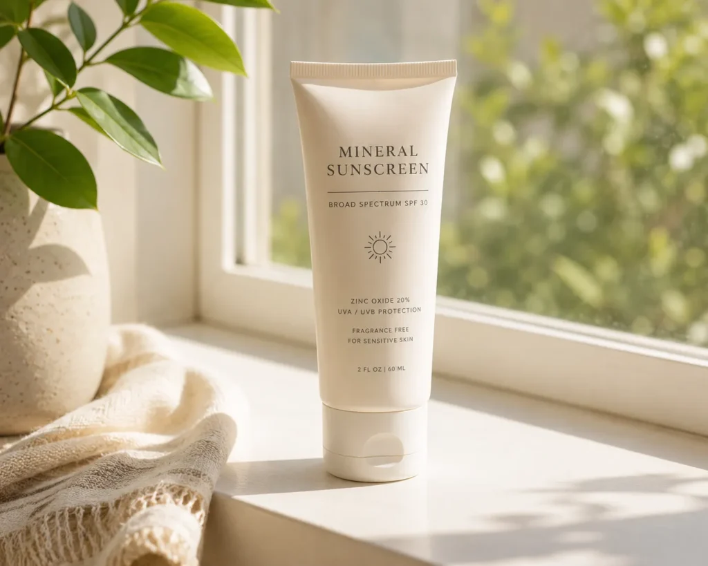 12 Sensitive Skin Care Steps for a Fresh Glow 8 Mineral sunscreen tube resting on a sunlit windowsill for daily sensitive skin protection"