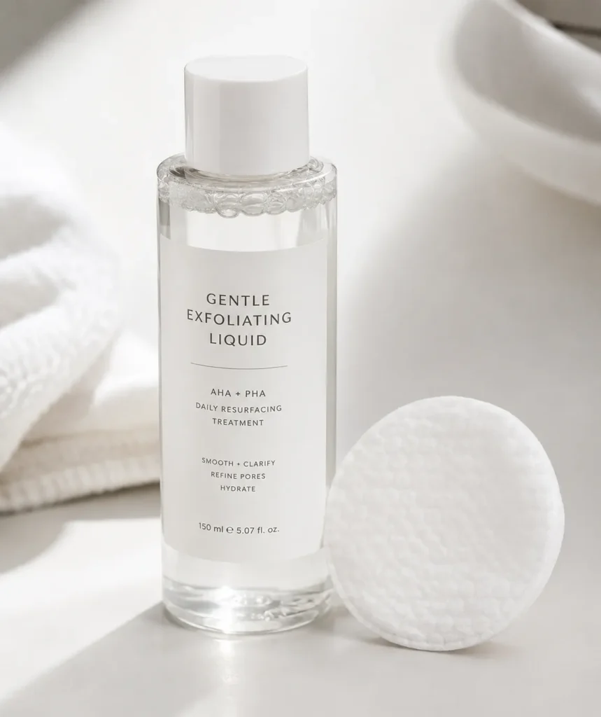 12 Sensitive Skin Care Steps for a Fresh Glow 10 Gentle liquid exfoliant bottle next to a soft cotton pad for sensitive skin"
