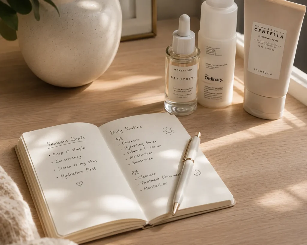 12 Sensitive Skin Care Steps for a Fresh Glow 12 Small notebook and pen used as a skin diary next to skincare bottles"