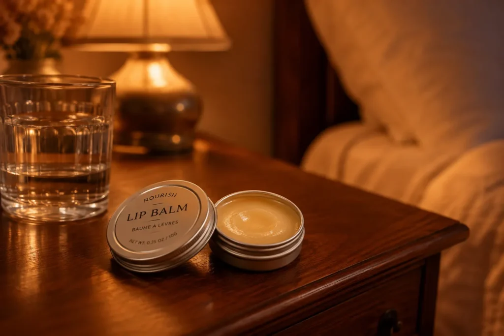 10 Lip Moisturizer Favorites for Everyday Beauty 2 Thick lip balm tin open on a nightstand, perfect for overnight lip repair