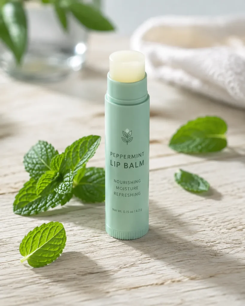 10 Lip Moisturizer Favorites for Everyday Beauty 10 Peppermint oil lip balm tube with fresh mint leaves for a cooling effect